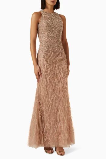 Embellished Feather Gown in Net