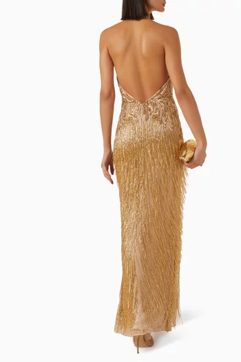 Halter-neck Fringed Beaded Gown in Mesh
