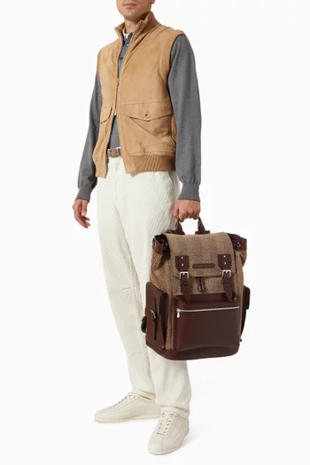 Chevron-effect City Backpack in Techno Fabric & Calfskin