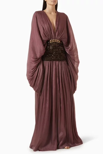 Crystal-embellished Draped Dress in Chiffon