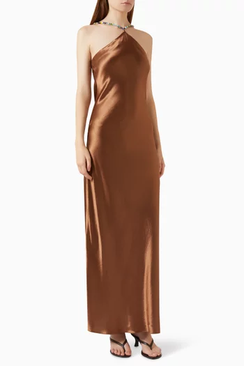 Cadence Beaded Halter Dress in Satin