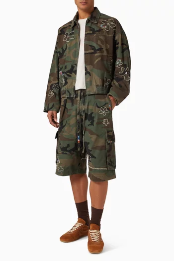 Floral Patch Crystal Camo Shorts in Cotton