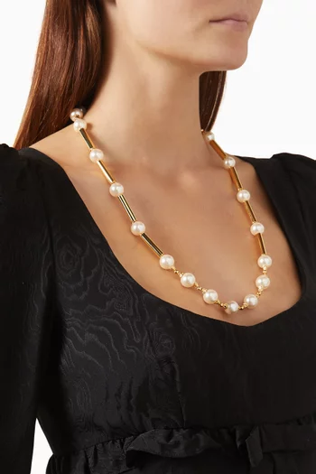 Crystal & Pearl Metal Chain Necklace