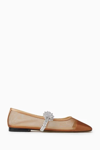 Lotus Flower Jewelled Ballerina Flats in Fishnet Mesh