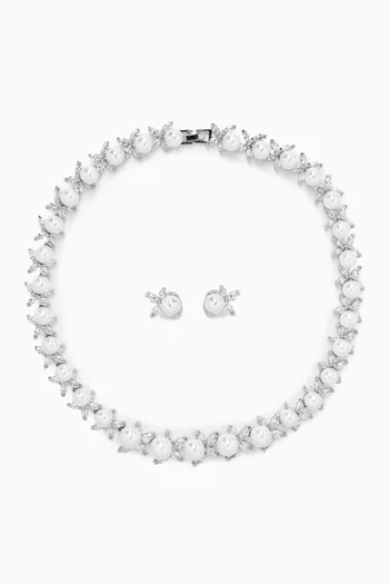 Audrey Pearl Necklace & Earrings Set in Silver
