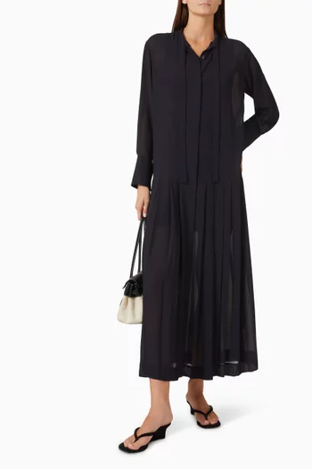 Pleated Bow-detail Midi Shirt Dress