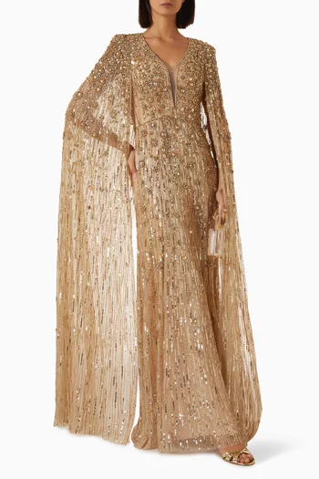 Beaded Embellished Cape Gown