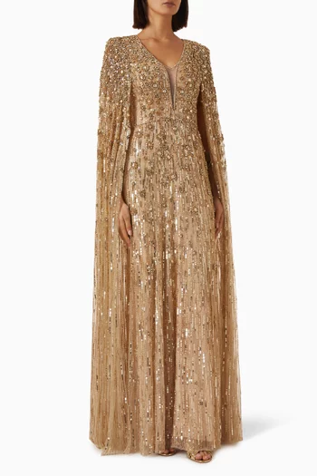 Beaded Embellished Cape Gown