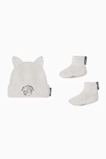 Logo Knit Beanie & Booties Set in Cotton