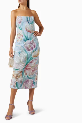 Priselle Strapless Embroidered Midi Dress in Mesh
