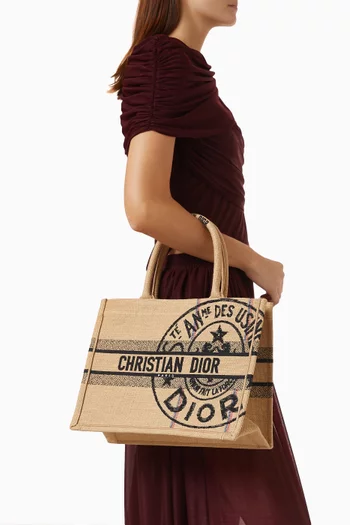Medium Book Embroidered Tote Bag in Jute