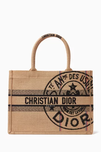 Medium Book Embroidered Tote Bag in Jute