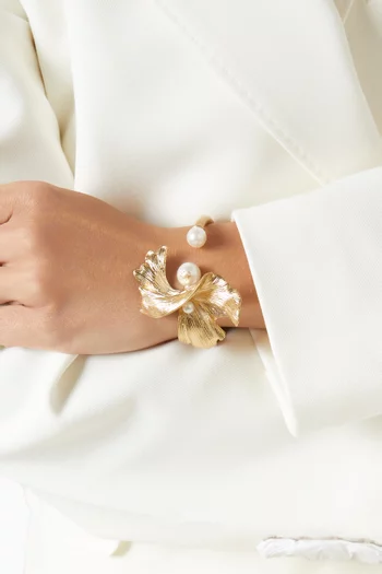 Wave Pearl Cuff Bracelet in Brass