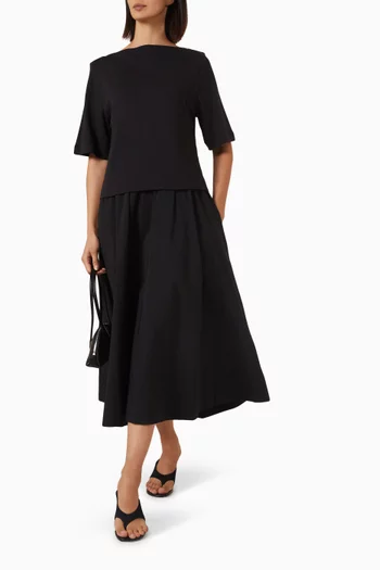 Contrast-Panel Boat-Neck Midi Dress