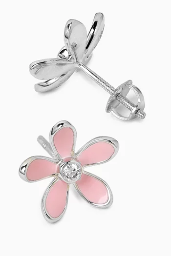 Pink Flower Stud Diamond Earrings in 18kt White Gold
