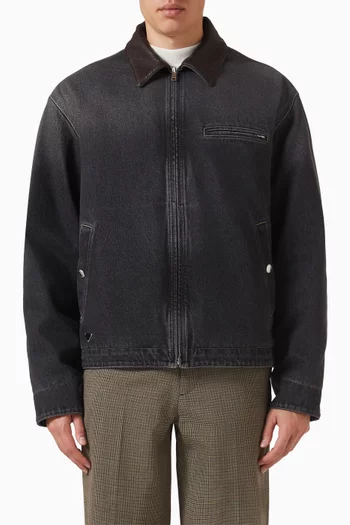 Leather-collar Blouson Jacket in Denim