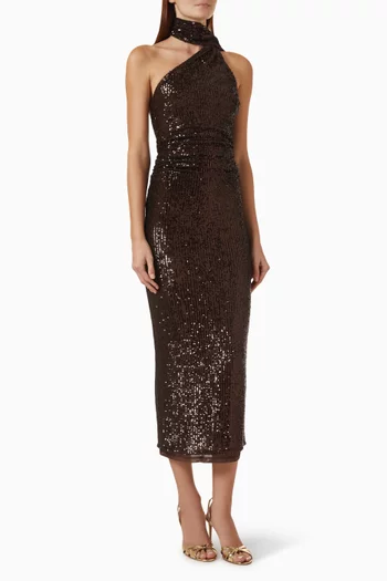 Alanni Asymmetric Sequin Midi Dress