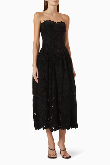 Arabella Strapless Midi Dress in Velvet Guipure Lace