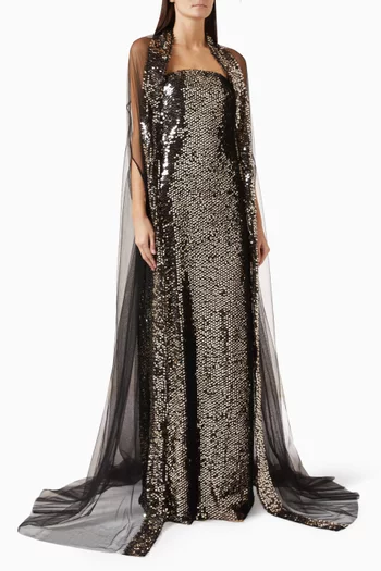 Embellished Tulle Shawl Gown