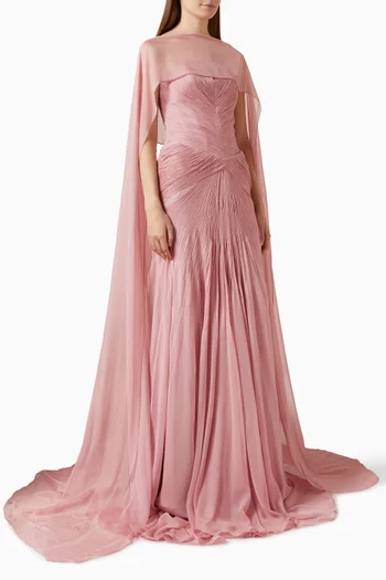 Pleated Strapless Gown & Cape Set