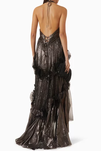 Zadie Ruffled Halter Dress in Foiled Mousseline
