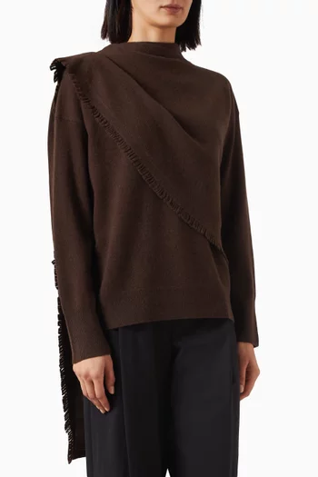 Draped Fringed Scarf Sweater in Knit
