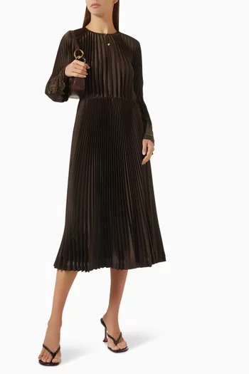 Contrast-trim Pleated Midi Dress in Satin