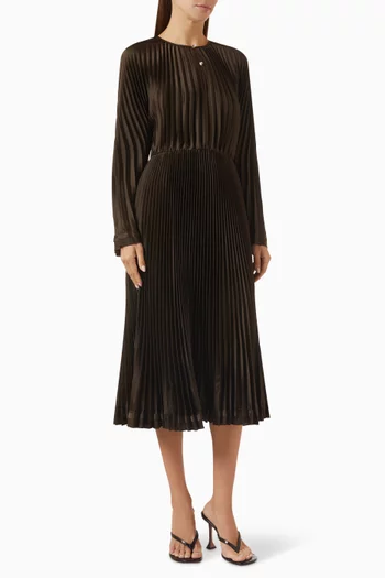 Contrast-trim Pleated Midi Dress in Satin