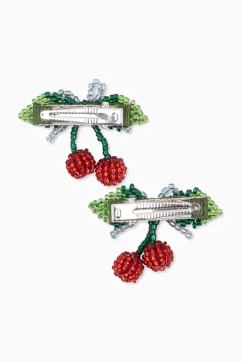 Beaded Cherry Bow Hair Clips, Set of 2