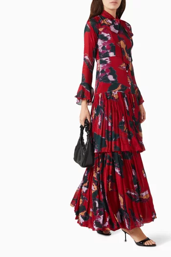Abstract-print Tiered Dress in Chiffon