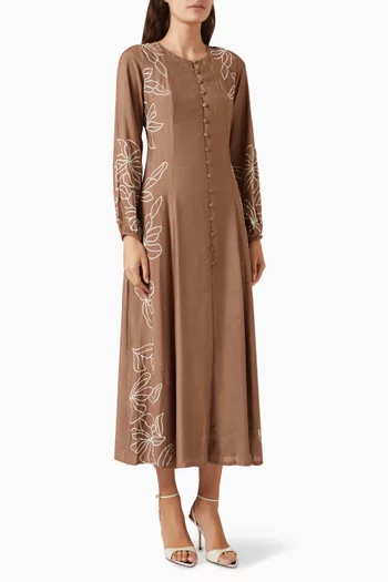 Floral-embroidered Dress in Cotton-silk