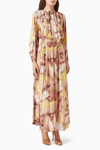 Abstract-print Pleated Dress in Cotton-silk