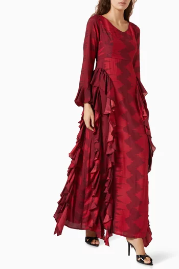Geometric-print Frill Dress in Cotton-silk