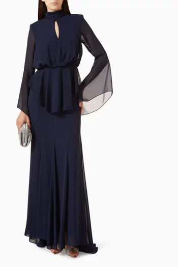 Angela Dress - Butterfly sleeves, chest cut ou,t high neck with draped waist:Light/Pastel Pink:XXL:Navy    :L|220221523