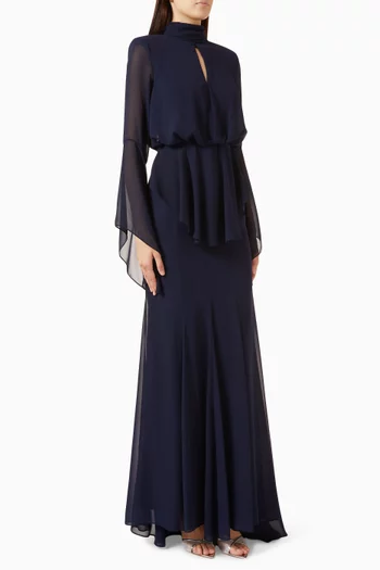 Angela Dress - Butterfly sleeves, chest cut ou,t high neck with draped waist:Light/Pastel Pink:XXL:Navy    :L|220221523