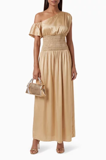 Agnes Shirred Asymmetrical Blouson Maxi Dress