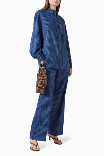 Piped Striped Drawstring Pants in Cotton-sateen