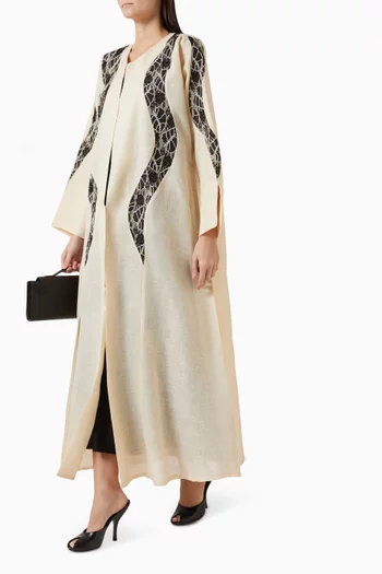Contrast Embroidered Panel Abaya in Linen