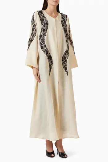 Contrast Embroidered Panel Abaya in Linen