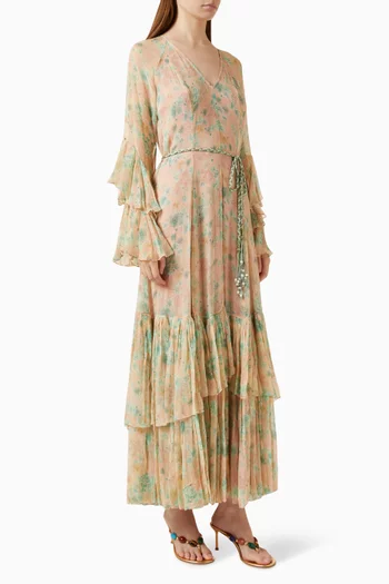 Printed Ruffled Kaftan in Chiffon