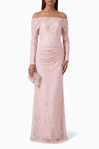 Off-shoulder Lace-up Dress in Lace
