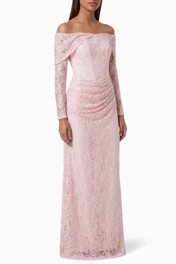 Off-shoulder Lace-up Dress in Lace