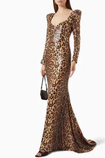 Leopard-print Sequin-embellished Maxi Dress