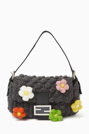 Floral-embellished Baguette Bag in Knitted Wool & Leather