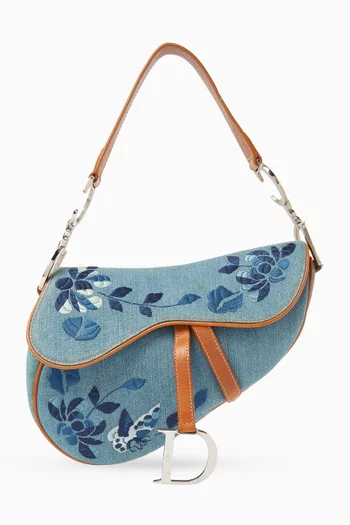 Embroidered Saddle Bag in Denim & Leather