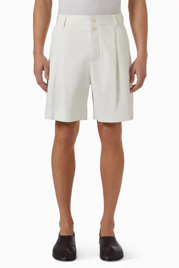 Pleated Herringbone Shorts in Denim