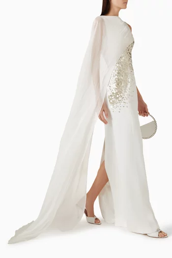 Embellished Cape Maxi Dress in Taffeta