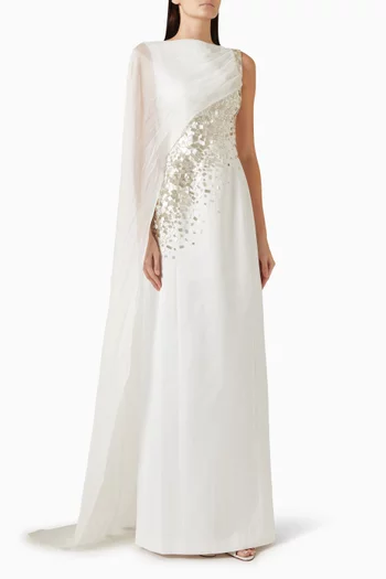 Embellished Cape Maxi Dress in Taffeta