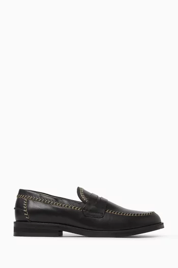 Wide Box Stitch Penny Loafers in Leather