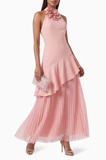 Floral-applique Halter Dress in Crepe